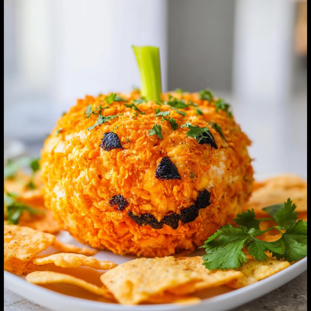 A festive Skellington Cheese Ball Appetizer (2025) shaped like a pumpkin, coated in orange crumbs and decorated with a face.