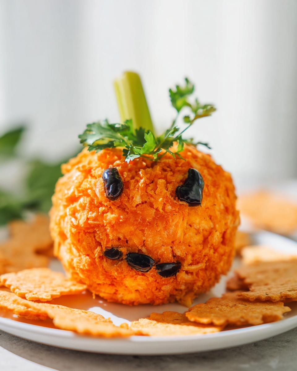 A festive Skellington Cheese Ball Appetizer (2025) shaped like a pumpkin, decorated with olives for a face and a celery stalk stem.