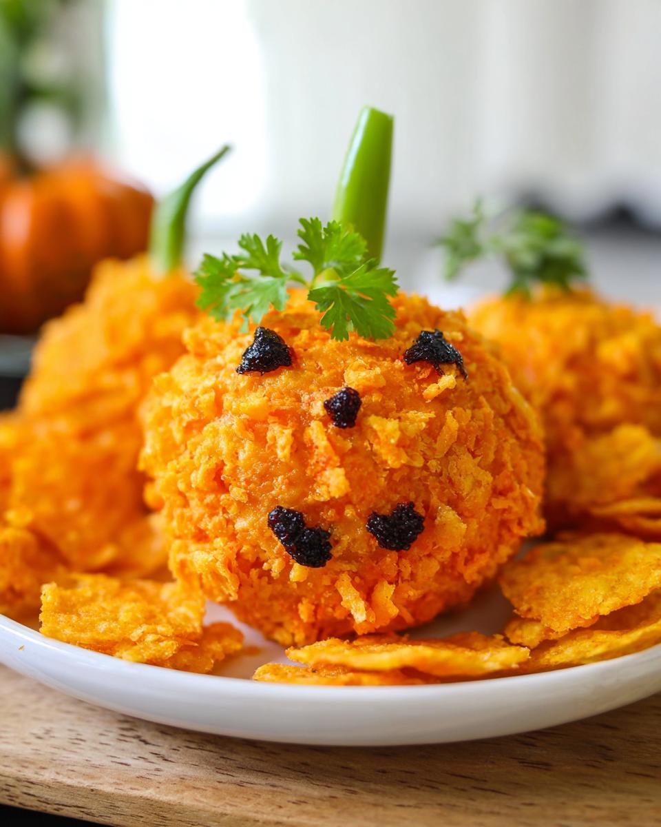 A festive Skellington Cheese Ball Appetizer shaped like a pumpkin, decorated with dried cranberries for a face and a green pepper stem.
