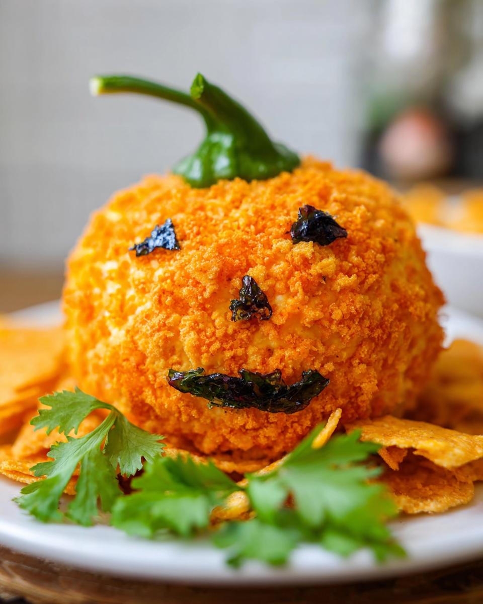A festive Skellington Cheese Ball Appetizer (2025) shaped like a pumpkin, decorated with chips and cilantro.