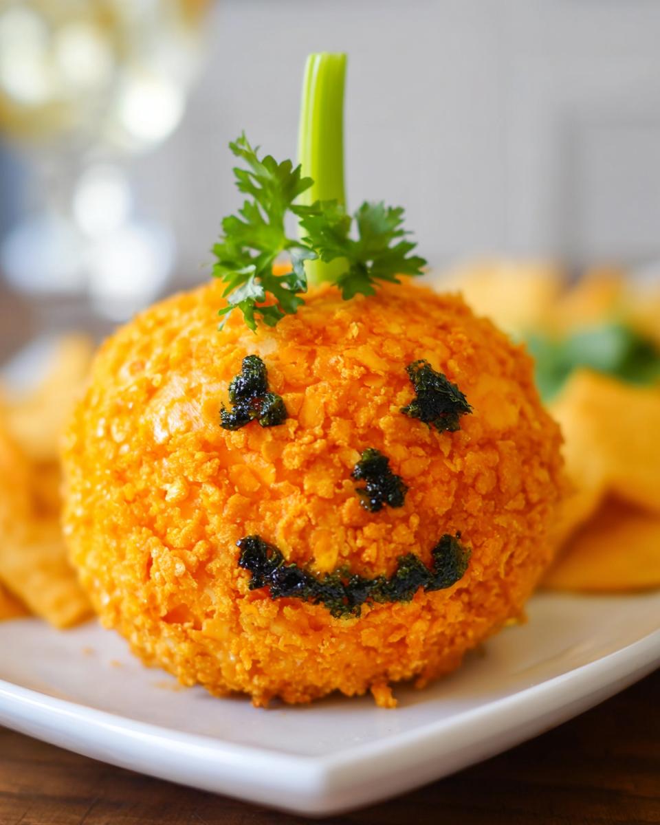 A Skellington Cheese Ball Appetizer (2025) decorated like a pumpkin with a celery stem and parsley leaves.