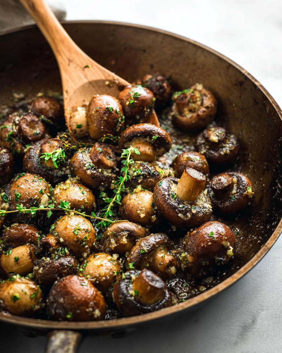 Close-up of whole brown mushrooms being sautéed in a skillet with garlic butter and fresh thyme, making Garlic Butter Mushrooms.