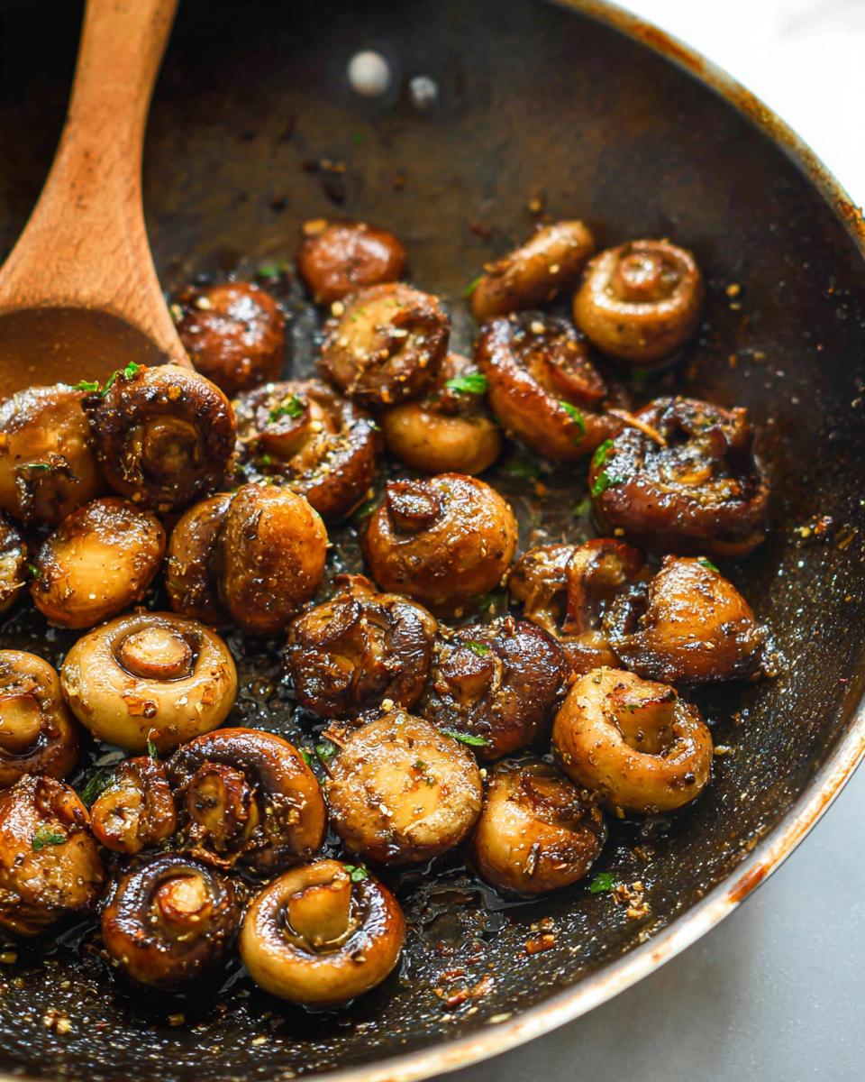 Close-up of perfectly sautéed Garlic Butter Mushrooms glistening in a dark skillet with a wooden spoon.