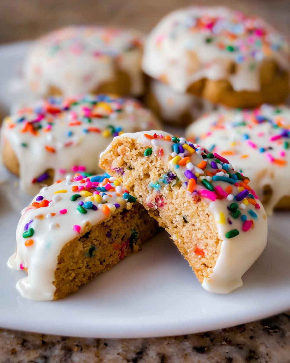 One Slice-and-Bake Party Cookie cut in half showing the colorful interior, topped with white glaze and sprinkles.