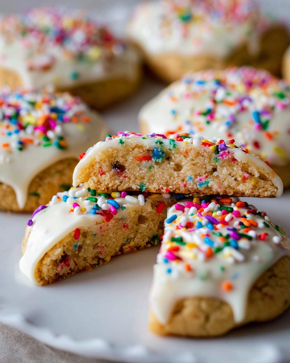 A Slice-and-Bake Party Cookie cut in half showing the soft interior, topped with white glaze and rainbow sprinkles.
