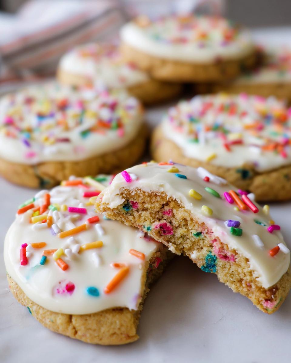A Slice-and-Bake Party Cookie cut in half showing a soft, colorful interior, topped with white frosting and rainbow sprinkles.