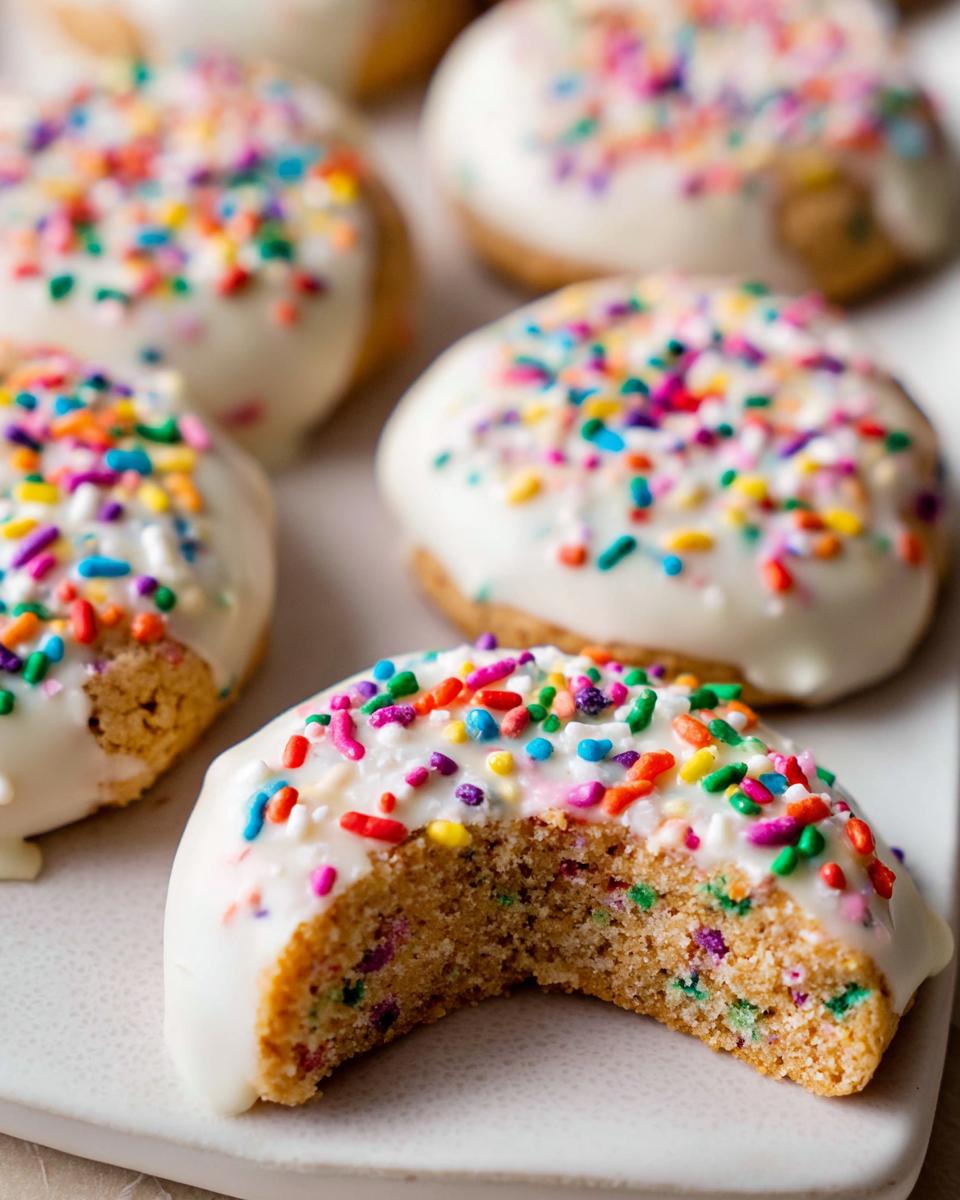 Close-up of delicious Slice-and-Bake Party Cookies topped with white glaze and rainbow sprinkles, one cookie has a bite missing.