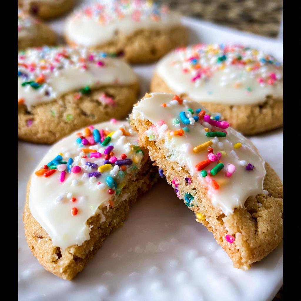 A Slice-and-Bake Party Cookie cut in half showing the soft interior, topped with white glaze and rainbow sprinkles.