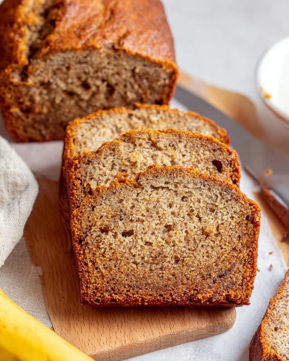 Close-up of three thick slices of moist One Bowl Banana Bread resting on a wooden cutting board.