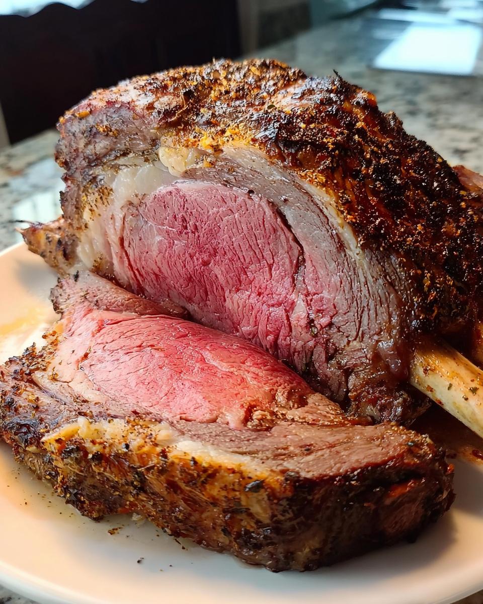 Close-up of a perfectly cooked Small Prime Rib Roast showing a medium-rare pink center and seasoned crust.