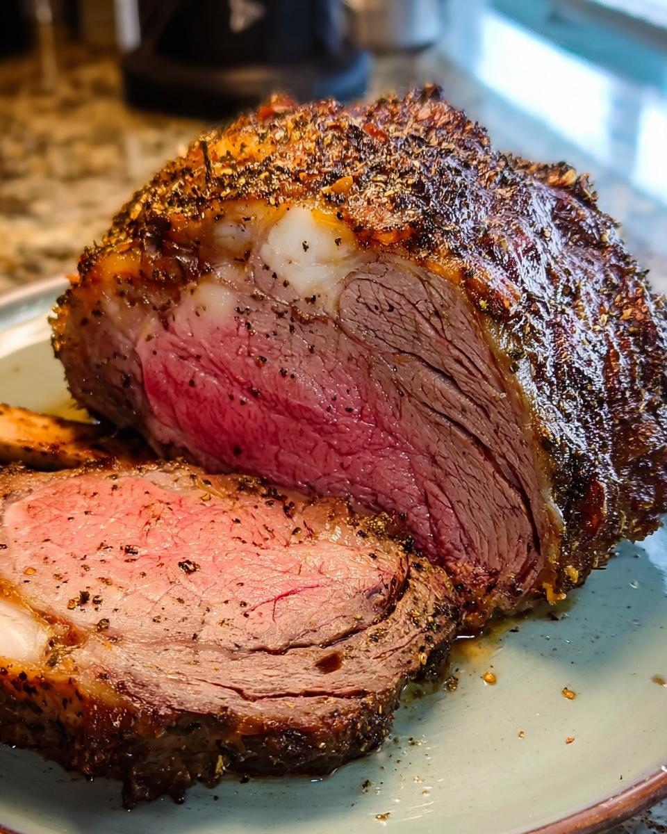 Close-up of a Small Prime Rib Roast (Serves 4–6) showing a perfectly medium-rare pink center and dark seasoned crust.
