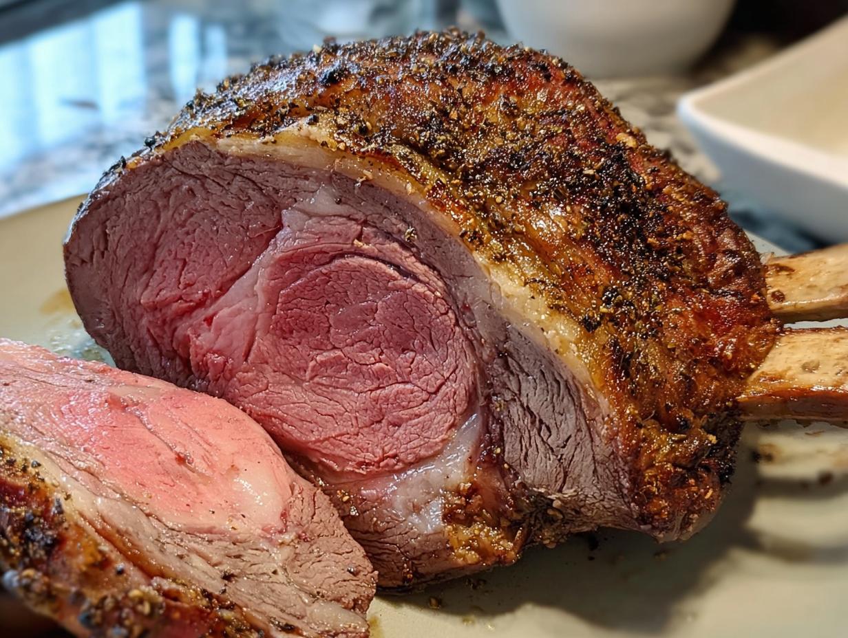 Close-up of a juicy Small Prime Rib Roast cooked medium-rare with a dark, seasoned crust.