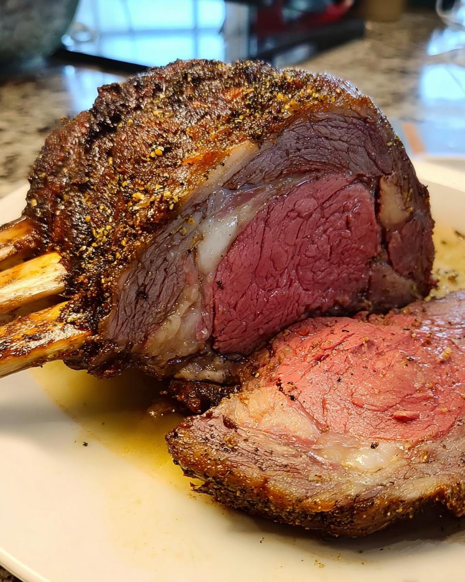 Close-up of a perfectly cooked Small Prime Rib Roast (Serves 4–6) showing a medium-rare pink center and seasoned crust.