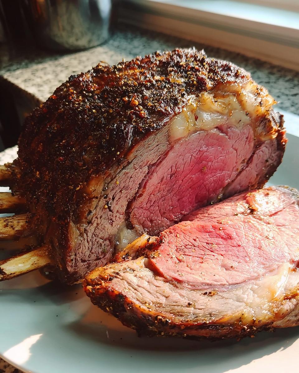 Close-up of a Small Prime Rib Roast, perfectly cooked medium-rare with a dark seasoned crust, sliced open on a white plate.