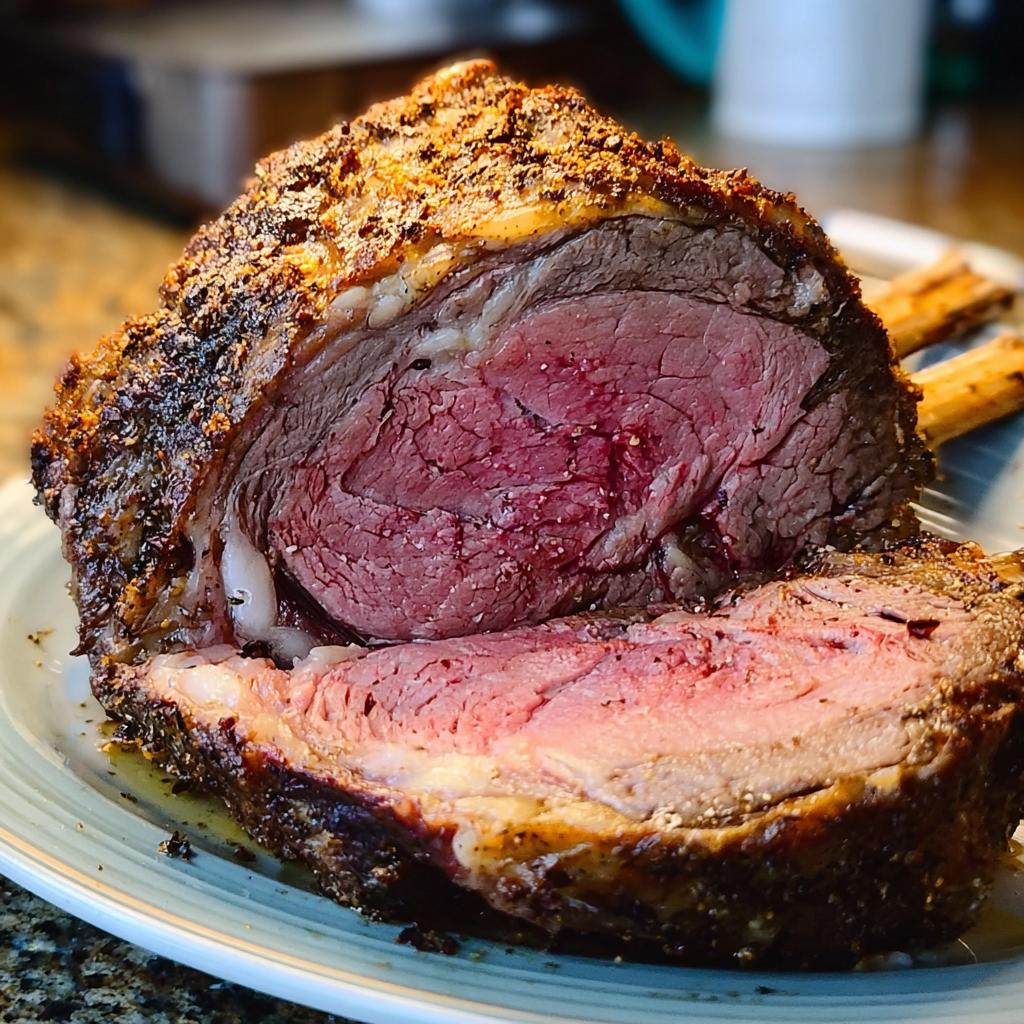 Close-up of a Small Prime Rib Roast (Serves 4–6) sliced open, showing a medium-rare pink center and seasoned crust.