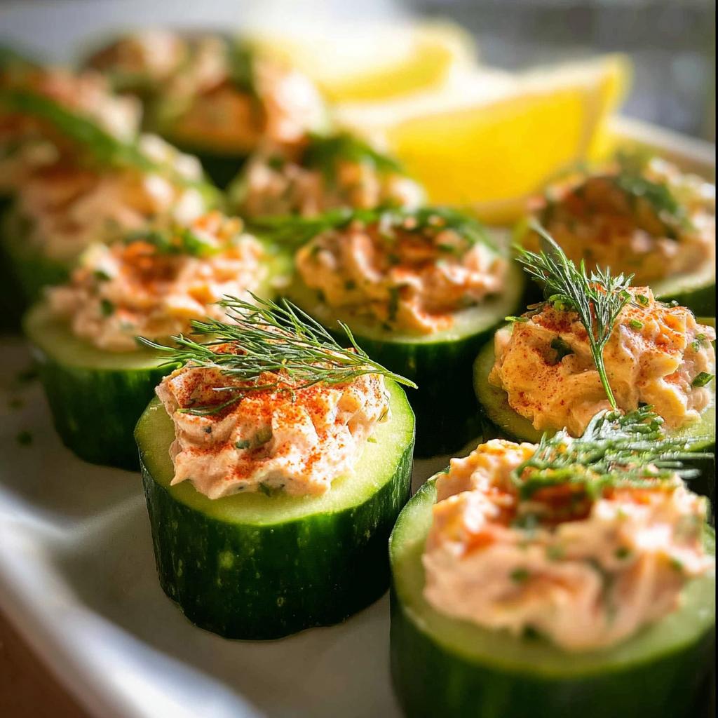 Close-up of fresh Smoked Salmon Cucumber Bites topped with dill and paprika on a white platter.