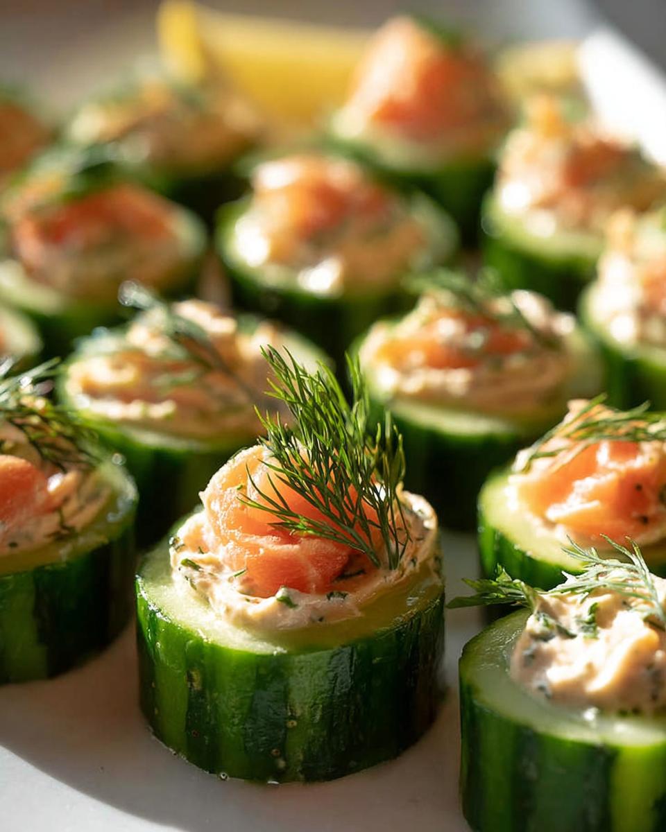 Close-up of several Smoked Salmon Cucumber Bites topped with dill sprigs on a white platter.