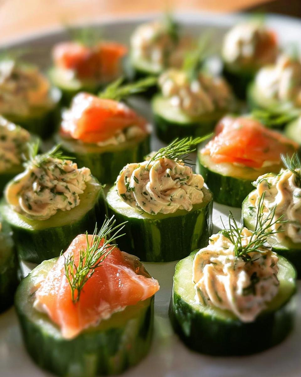 A platter of fresh Smoked Salmon Cucumber Bites topped with cream cheese mixture or smoked salmon and fresh dill sprigs.