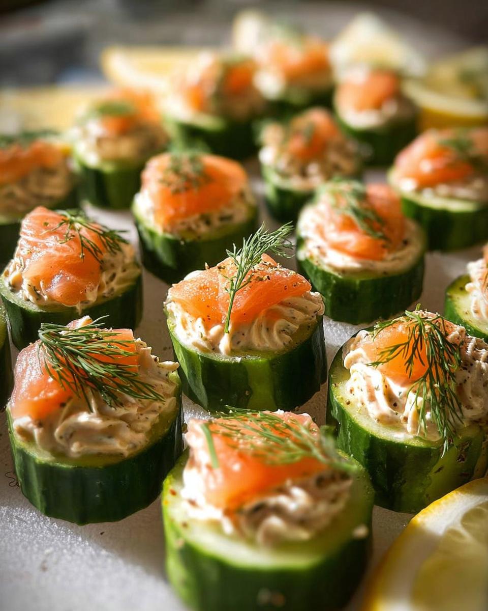 Close-up of several Smoked Salmon Cucumber Bites topped with cream cheese mixture and fresh dill.
