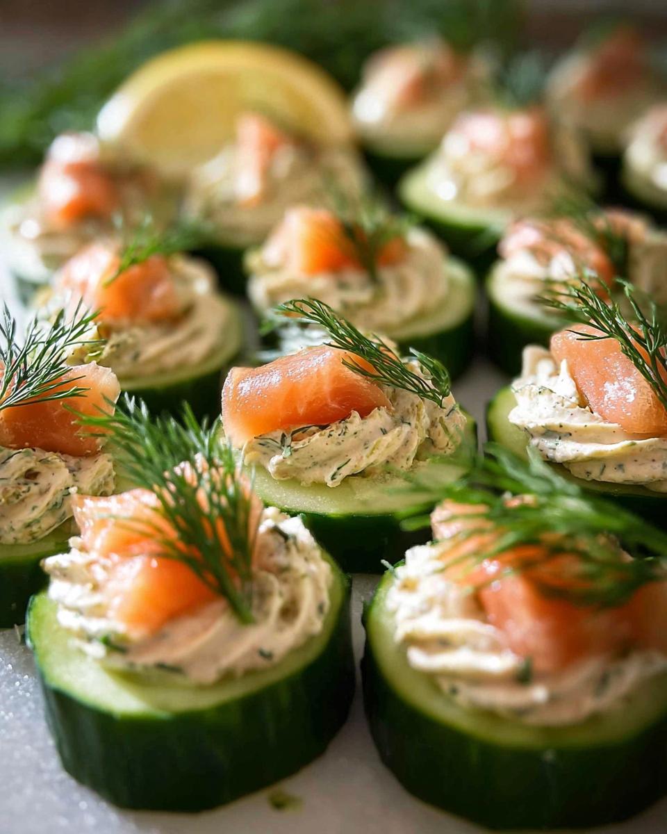 A platter of fresh Smoked Salmon Cucumber Bites topped with cream cheese spread and fresh dill sprigs.