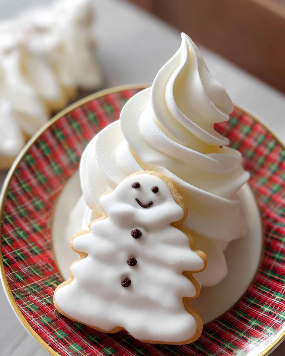 A snowman-shaped cookie decorated with smooth white Royal Icing for Decorated Cookies, resting against a swirl of white frosting.