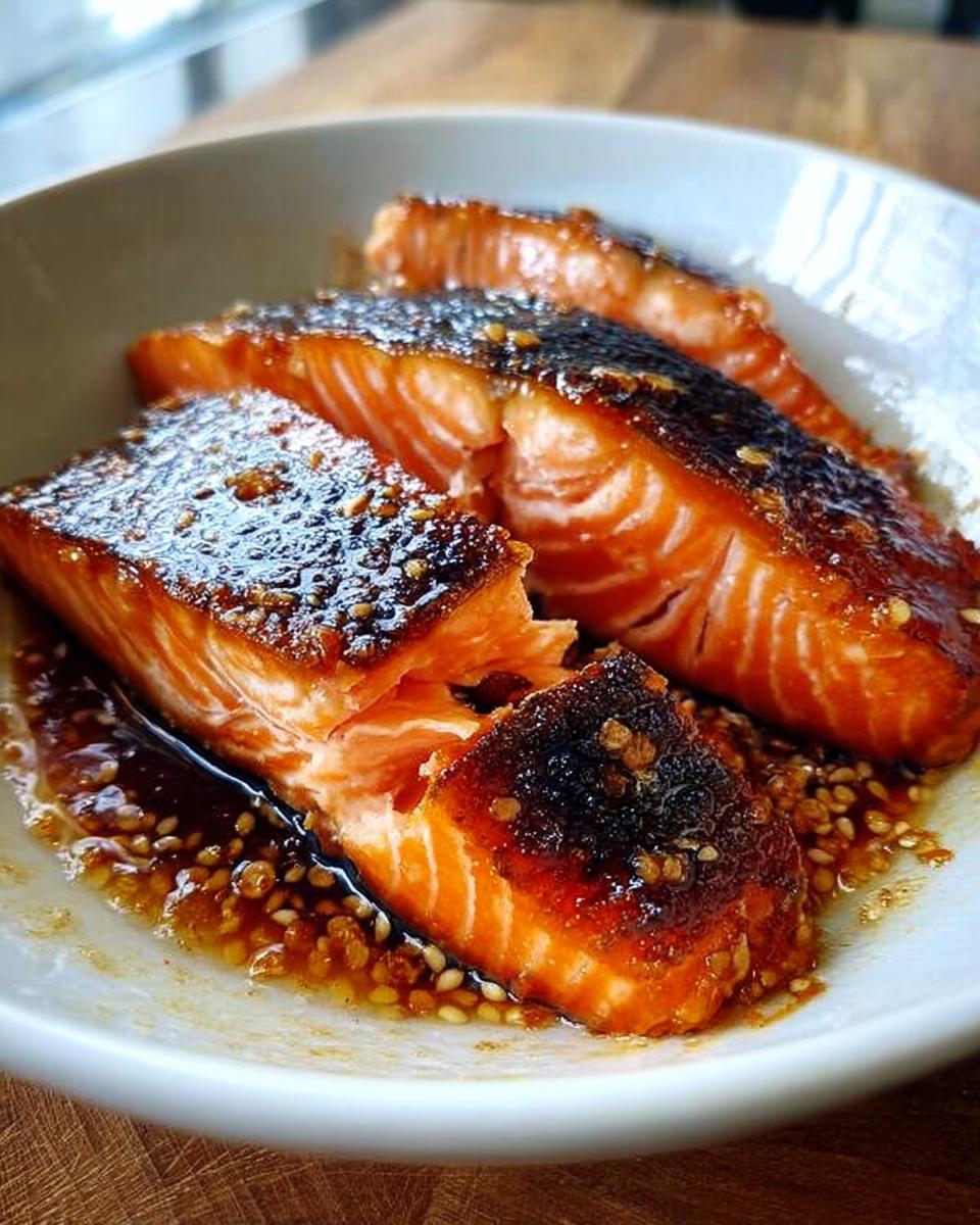 Three pieces of perfectly cooked Soy Ginger Salmon with a dark, caramelized glaze and sesame seeds, served in a white bowl.