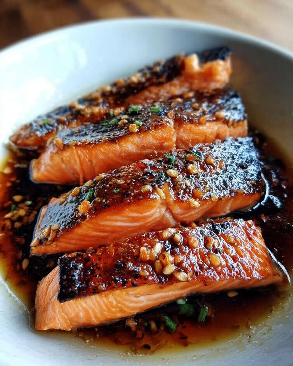 Four pieces of perfectly cooked Soy Ginger Salmon (Broil or Bake) glazed with a dark, sticky sauce and sesame seeds.