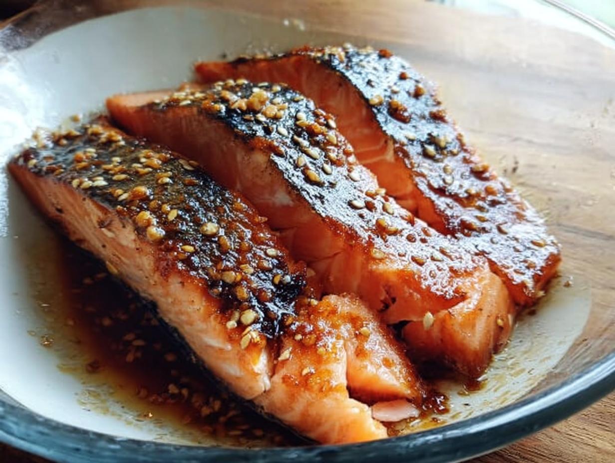 Three perfectly cooked fillets of Soy Ginger Salmon glazed with a dark sauce and topped with sesame seeds.