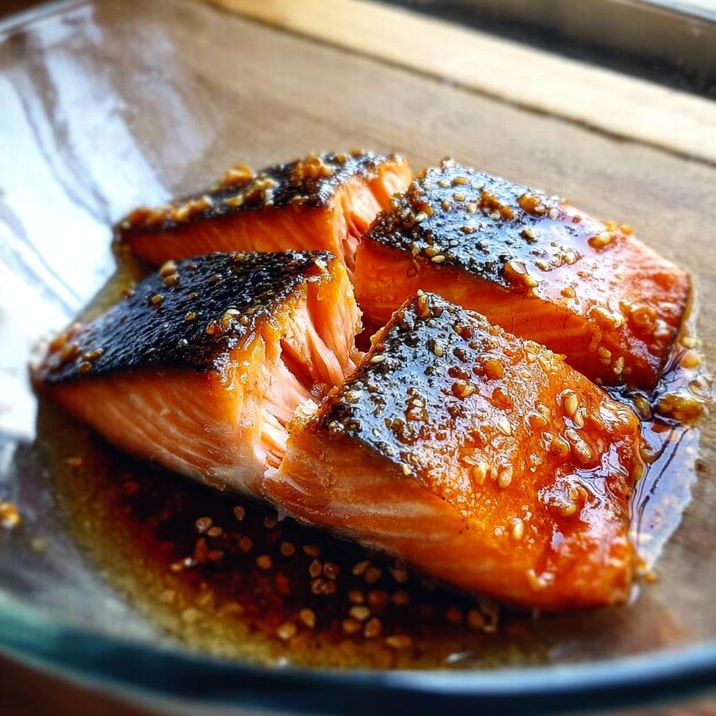 Four perfectly cooked pieces of Soy Ginger Salmon glistening with a dark glaze and sprinkled with sesame seeds.