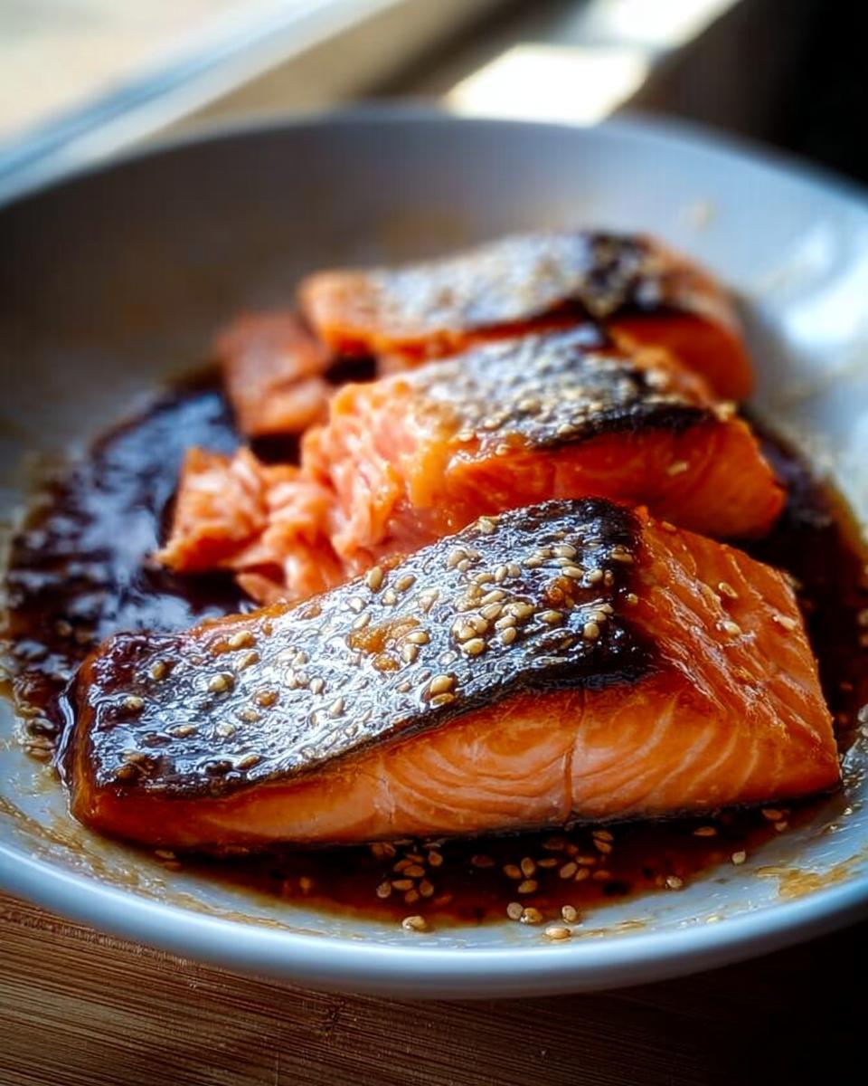 Close-up of perfectly cooked Soy Ginger Salmon fillets covered in a dark, glossy glaze and sprinkled with sesame seeds.