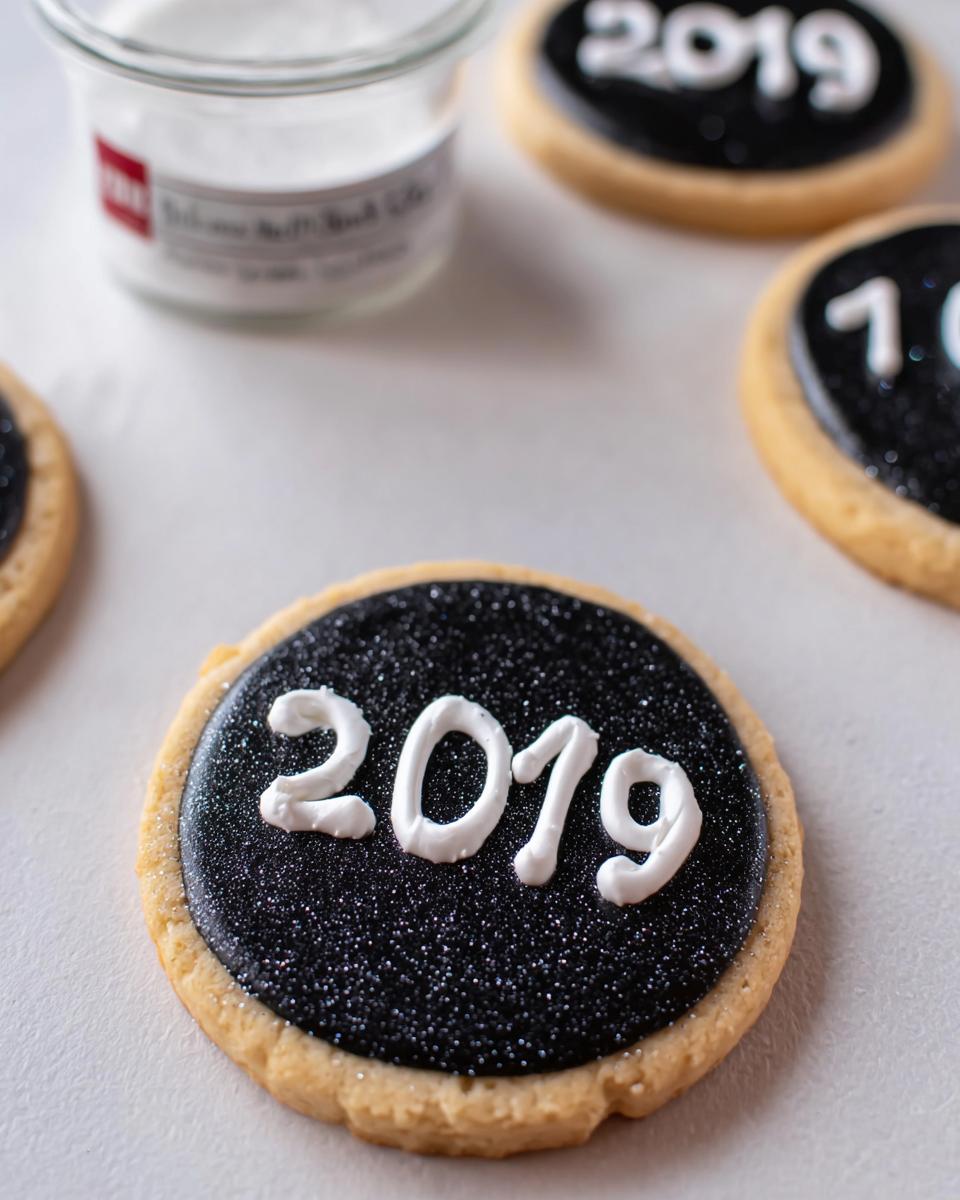 Close-up of one of the 12 New Year’s Eve Cookies decorated with black, sparkly icing and white piped '2019'.