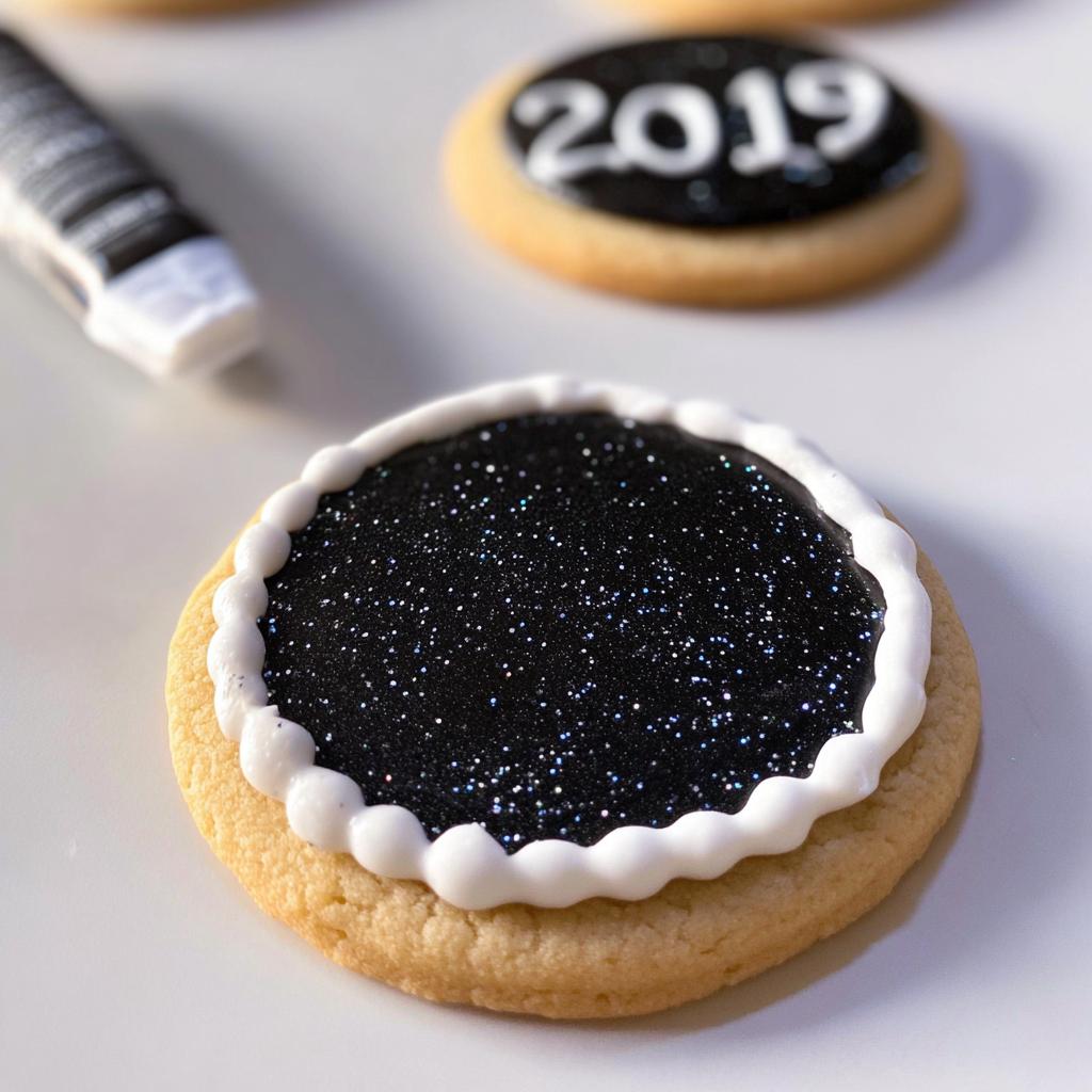 Close-up of a round sugar cookie with black, sparkly icing and a white piped border, one of the 12 New Year’s Eve Cookies.
