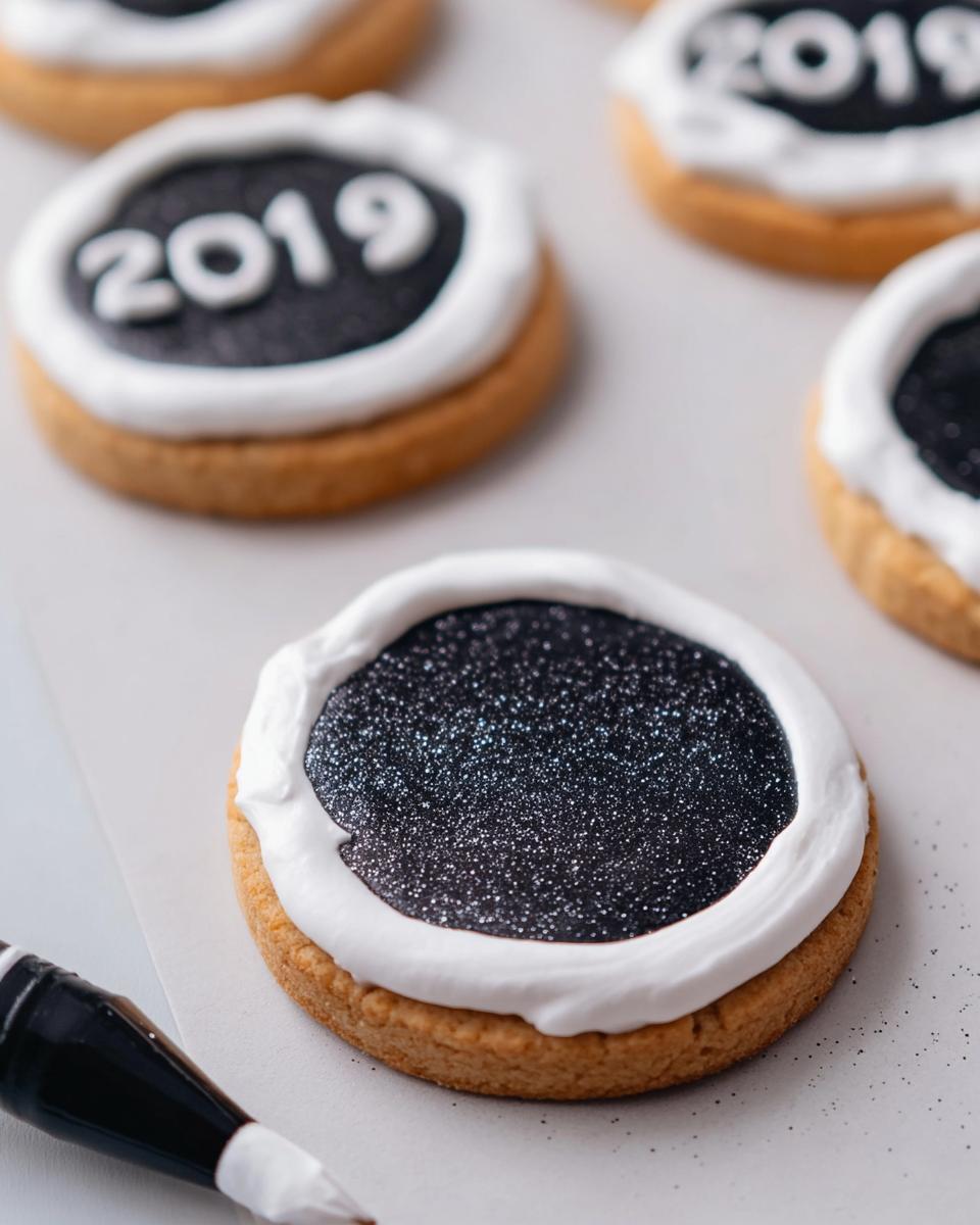 Close-up of a round sugar cookie decorated for New Year’s Eve with white icing border and black edible glitter center, part of 12 New Year’s Eve Cookies.