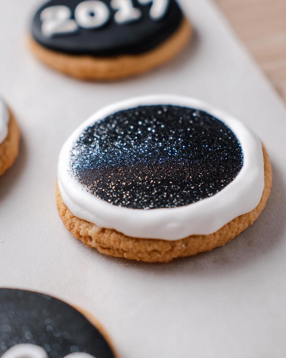 Close-up of one of the 12 New Year’s Eve Cookies featuring a white border and a center covered in black and blue edible glitter.