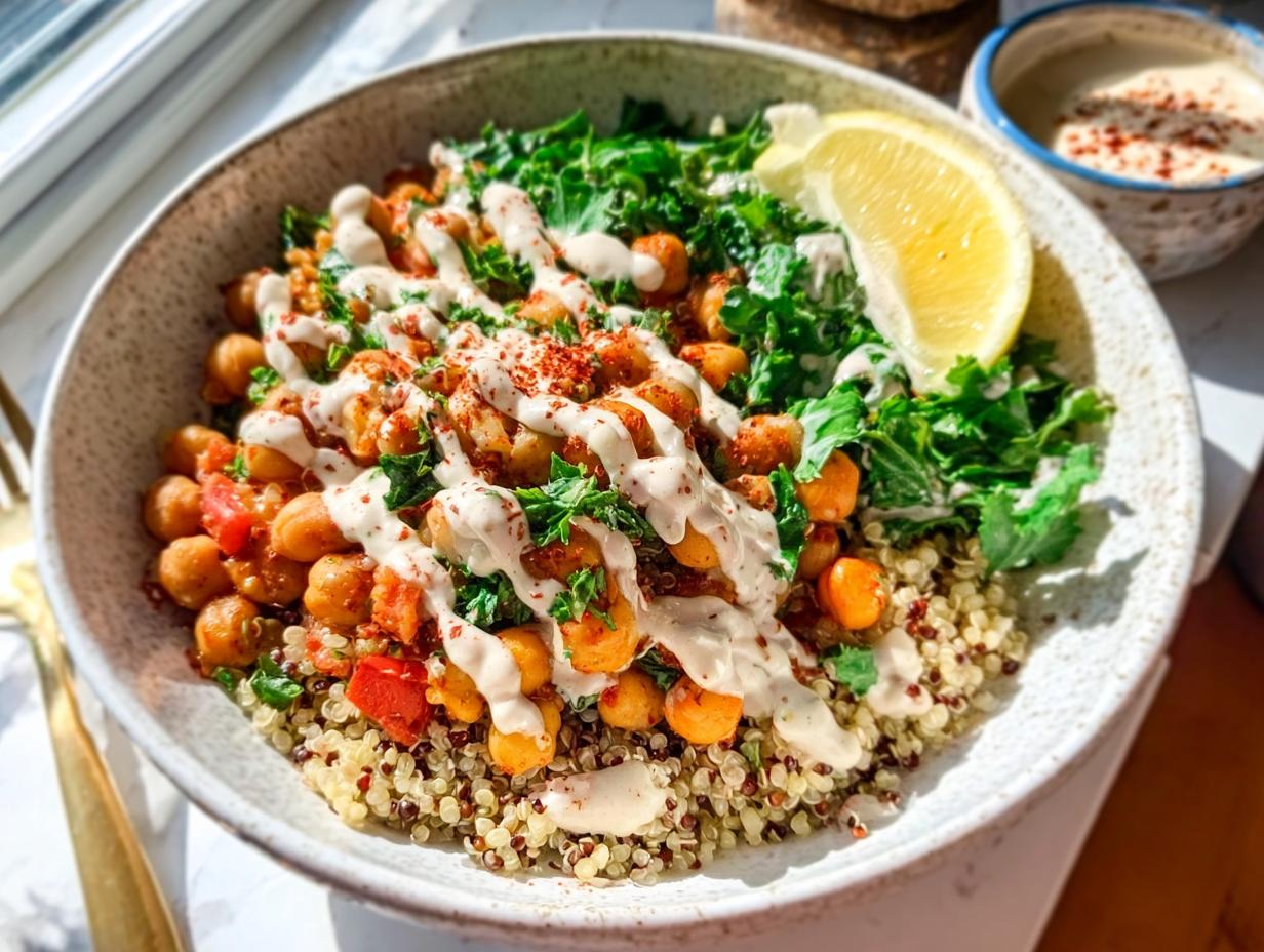 A vibrant bowl featuring Spicy Chickpea Bowls served over quinoa, topped with kale, a creamy tahini drizzle, and a lemon wedge.
