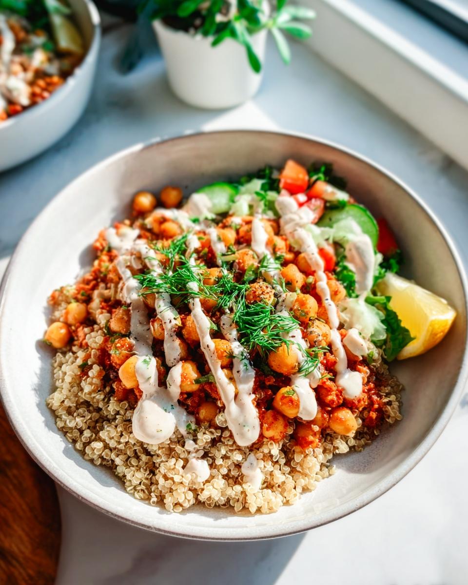 A close-up of a bowl featuring Spicy Chickpea Bowls over quinoa, topped with tahini dressing and fresh dill.