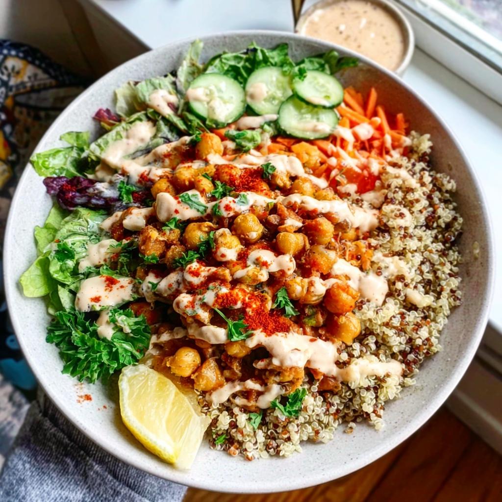 A vibrant bowl featuring seasoned Spicy Chickpea Bowls over quinoa, topped with creamy sauce, fresh cucumber, and carrots.