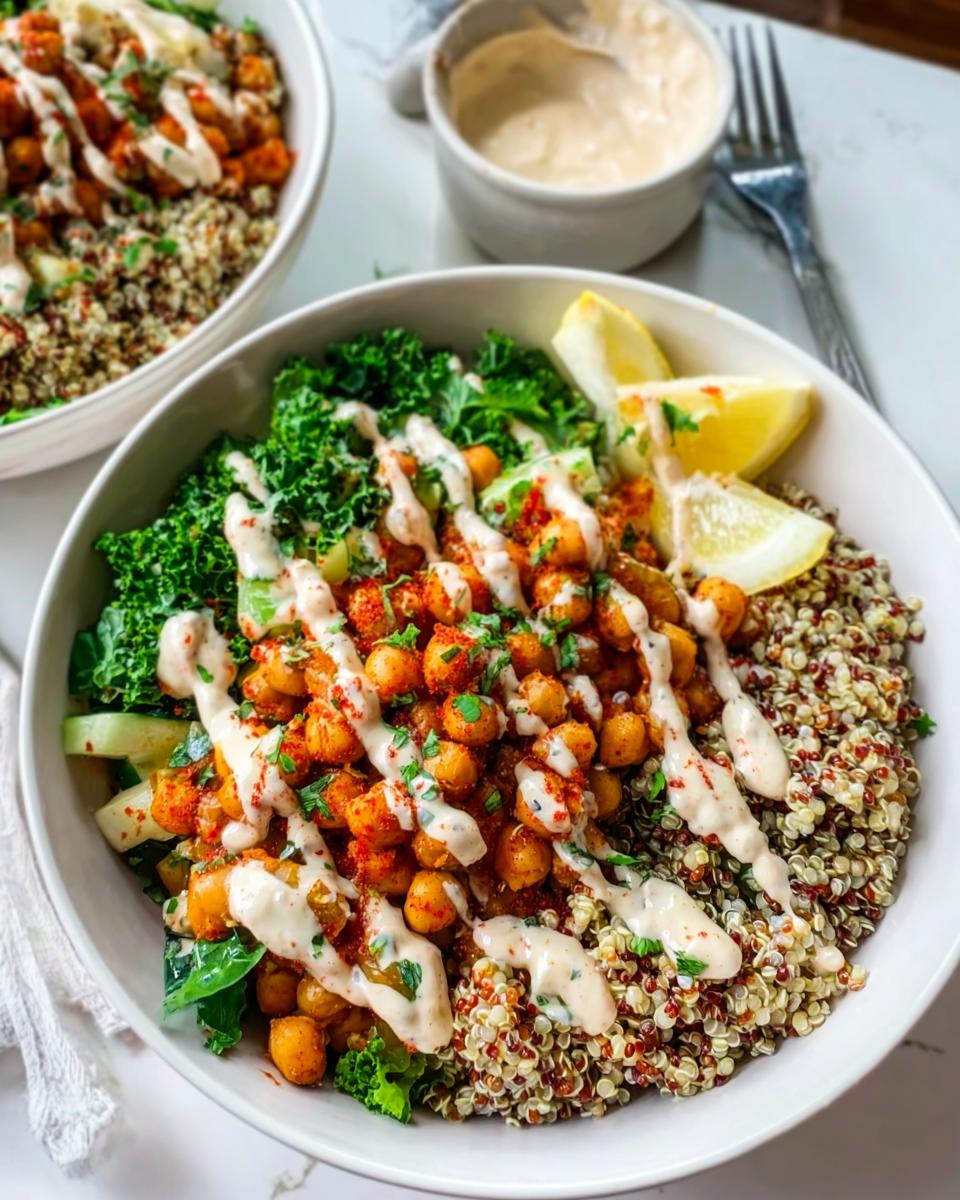 A close-up of a Spicy Chickpea Bowls featuring seasoned chickpeas, kale, quinoa, and a creamy tahini drizzle.