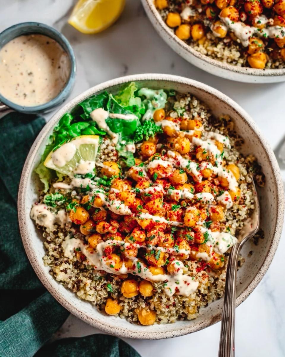 A close-up overhead shot of a bowl filled with quinoa, topped with seasoned Spicy Chickpea Bowls, creamy tahini sauce, and greens.