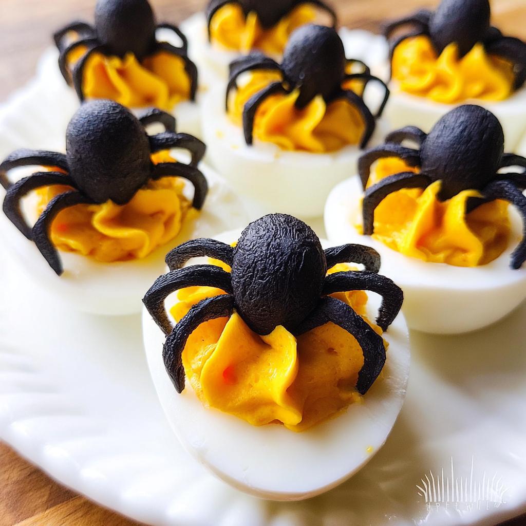 Close-up of delicious Spider Deviled Eggs, featuring creamy yellow filling topped with black olive spiders on a white platter.