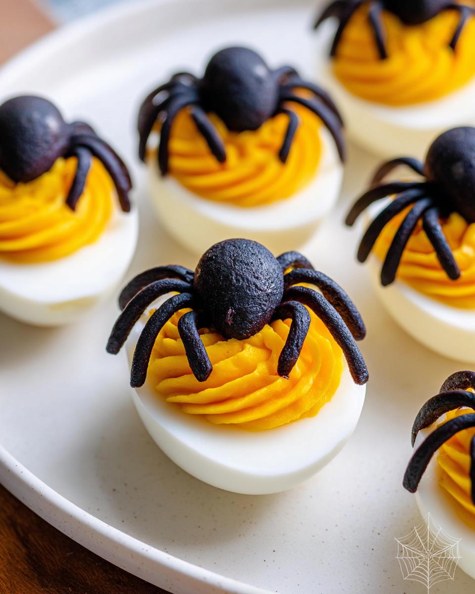 Close-up of spooky Spider Deviled Eggs with bright yellow filling and black spider decorations on a white plate.