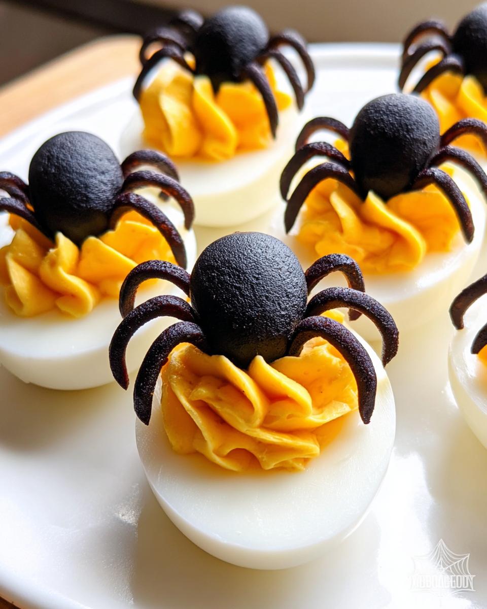 Close-up of spooky Spider Deviled Eggs with black olive spiders on orange filling.