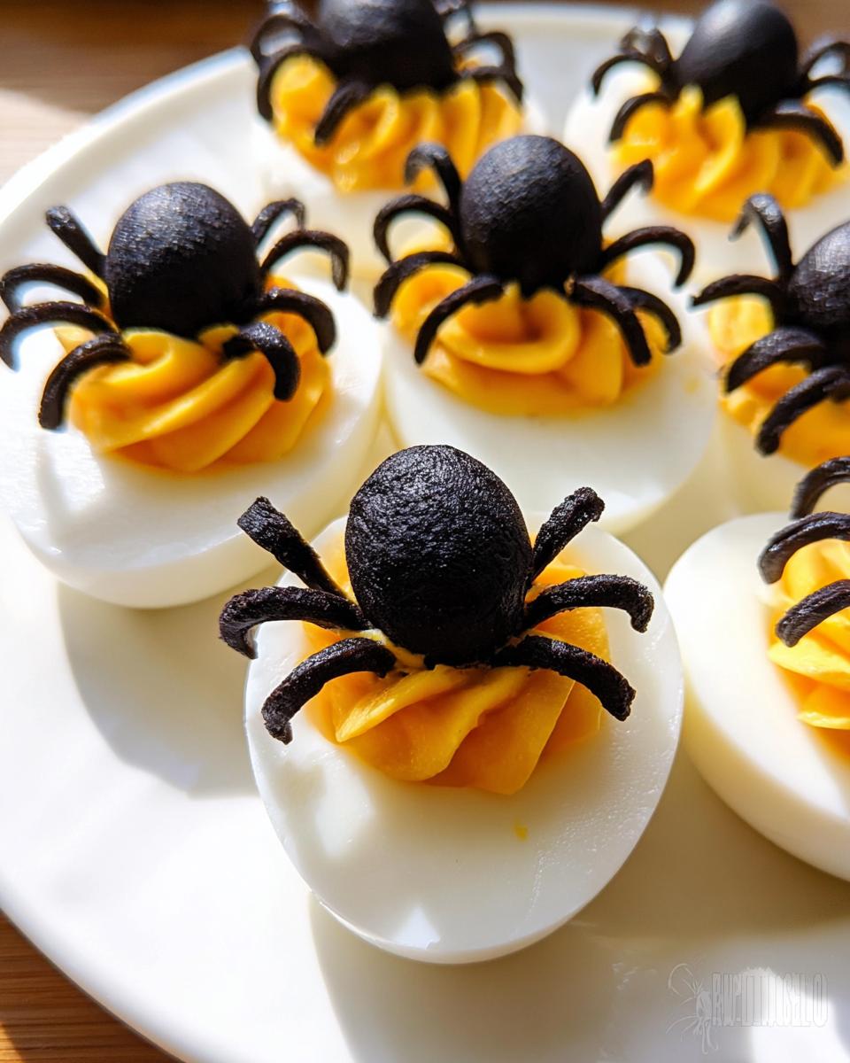 Close-up of Spider Deviled Eggs on a white plate, featuring black olive spiders on orange filling.