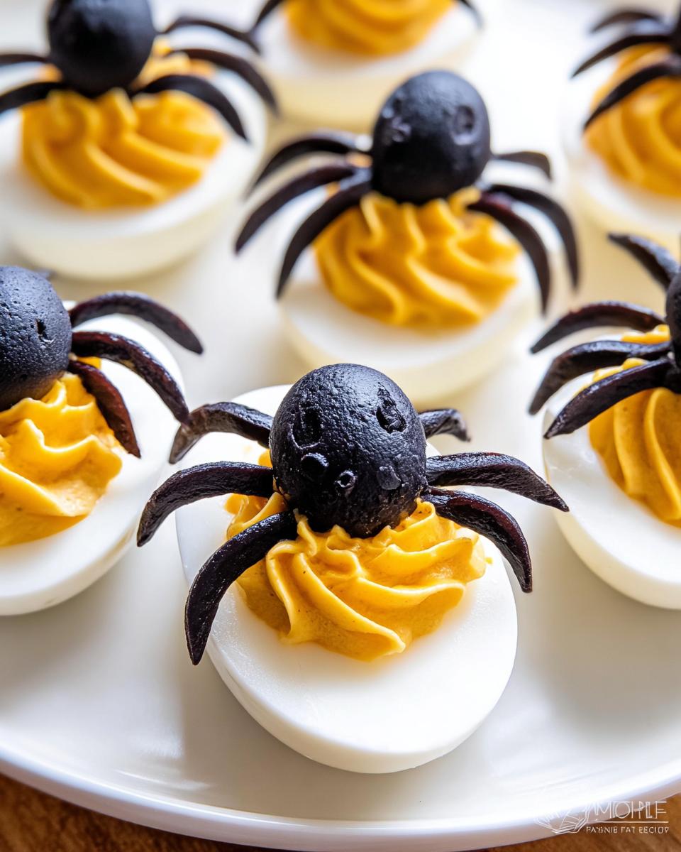 Close-up of spooky Spider Deviled Eggs with black olive spiders on a white plate.