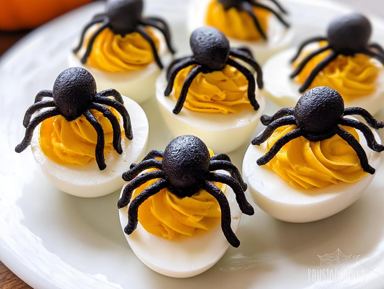 Close-up of spooky Spider Deviled Eggs with bright yellow filling and black spider decorations on a white plate.
