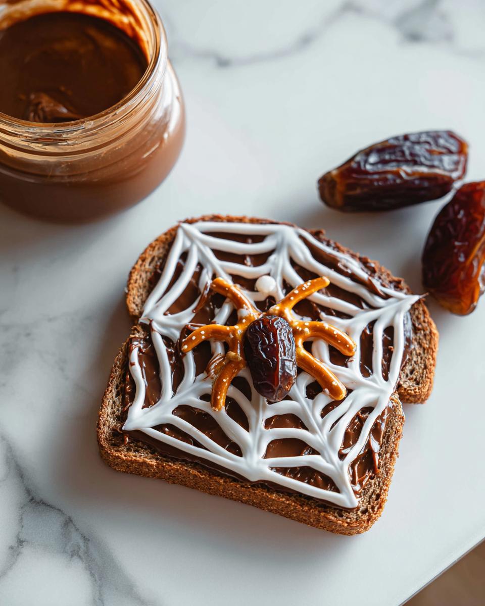 A slice of Spider Toast decorated with chocolate spread, white icing spiderweb, pretzel legs, and a date spider.