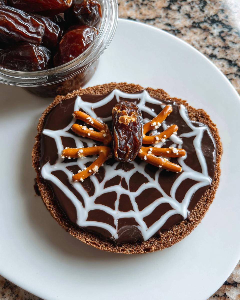 A spooky Spider Toast made with chocolate spread, white icing web, a date spider, and pretzel legs.