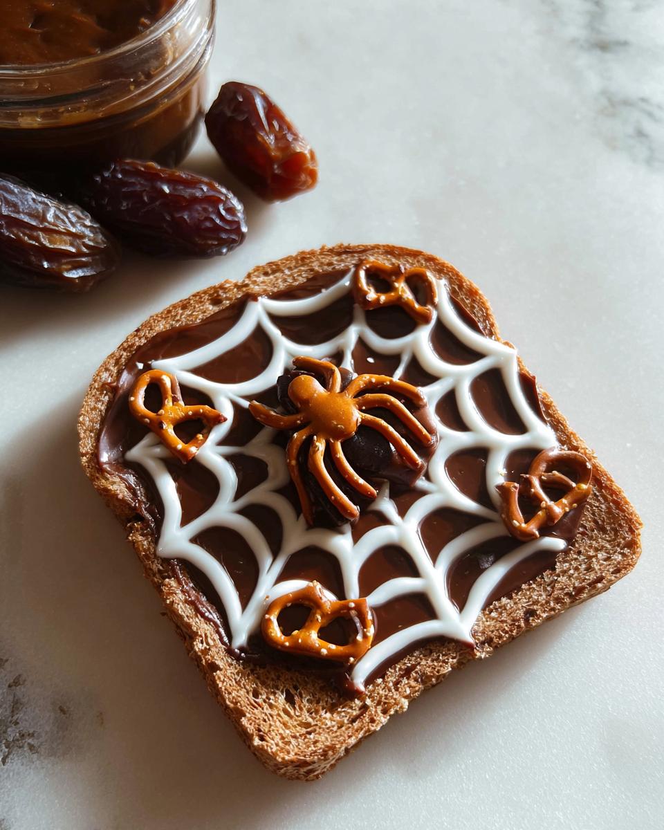 A slice of whole wheat toast decorated as a spiderweb with chocolate spread, white icing, pretzel spiders, and a date spider.