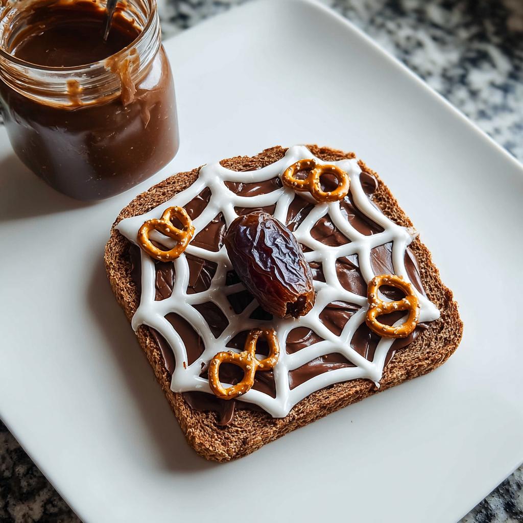 A slice of whole wheat toast decorated as a spider web with chocolate spread, white icing, pretzels, and a date.