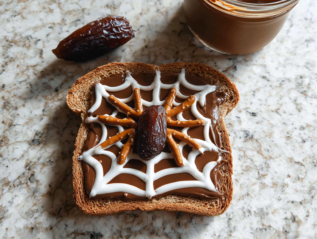 A slice of whole wheat toast decorated as a spider for Spider Toast & Fruit Bats, with chocolate spread, white icing web, pretzel legs, and a date body.